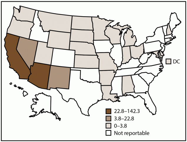 Surveillance for Coccidioidomycosis, Histoplasmosis, and Blastomycosis — United States, 2019 Figure is a map of the United States showing incidence rates of coccidioidomycosis, by state and tertiles in 2019. Twenty-six states and the District of Columbia submit data to the National Notifiable Diseases Surveillance System. Incidence rates are per 100,000 population, calculated using state-specific denominators estimated from 2019 U.S. Census Bureau data.