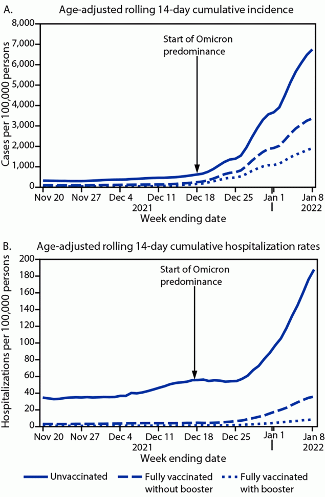 SARS-CoV-2 Infection and Hospitalization Among Adults Aged ≥18 Years, by Vaccination Status, Before and During SARS-CoV-2 B.1.1.529 (Omicron) Variant Predominance — Los Angeles County, California, November 7, 2021–January 8, 2022 The figure is a pair of line graphs indicating the age-adjusted rolling 14-day SARS-CoV-2 cumulative incidence in panel A and hospitalization rates in panel B, by vaccination status in Los Angeles County, California during November 7, 2021–January 8, 2022.