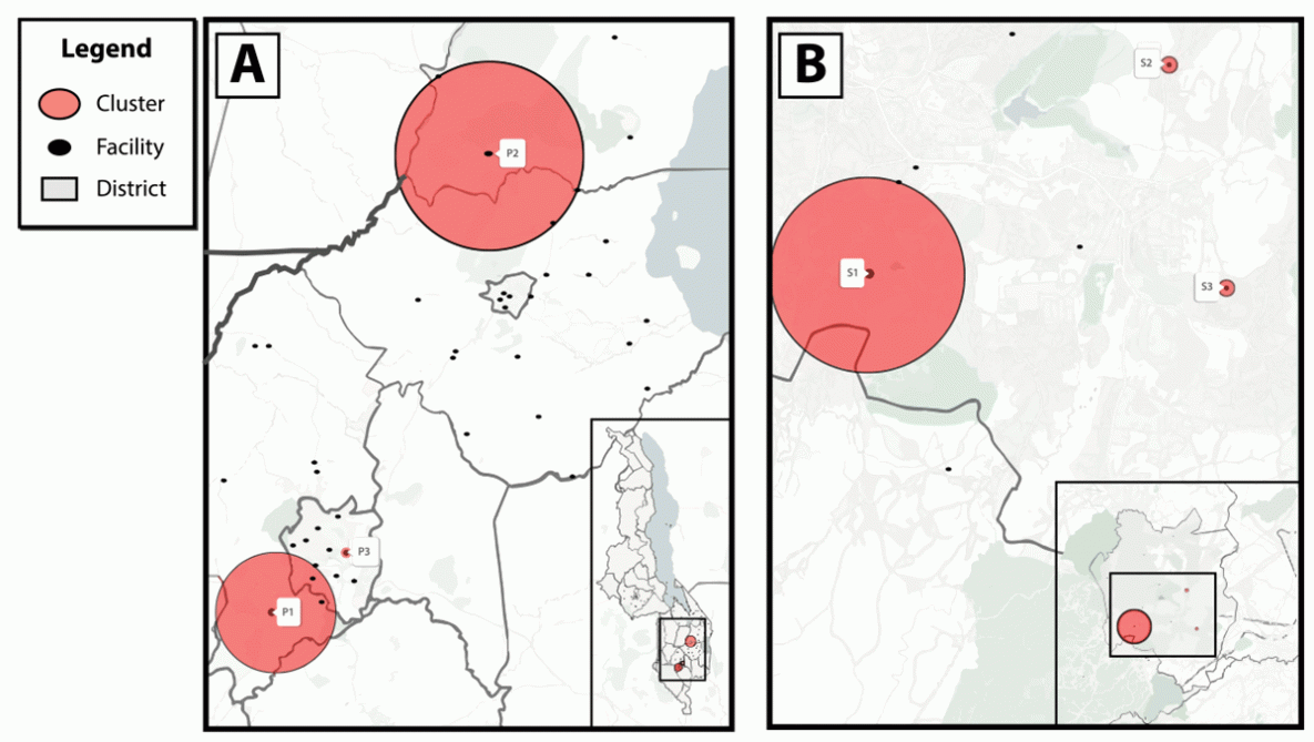 Geospatial Transmission Hotspots of Recent HIV Infection in Malawi, October 2019–March 2020 Figure is a two panel map showing the geospatial transmission hotspots of recent HIV infection among health facilities implementing recent HIV infection surveillance in five Malawi districts and in Blantyre district alone during October 2019−March 2020.