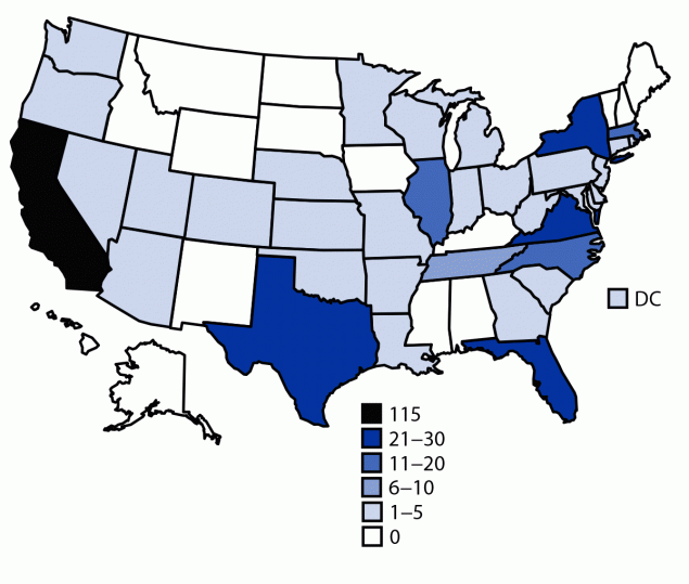 Characteristics and Adverse Events of Patients for Whom Nifurtimox was Released Through CDC-Sponsored Investigational New Drug Program for Treatment of Chagas Disease — United States, 2001–2021 The figure is a map of the United States indicating the number of nifurtimox releases for treatment of Chagas disease for 336 unique patients, by state, in the United States during 2001–2021.