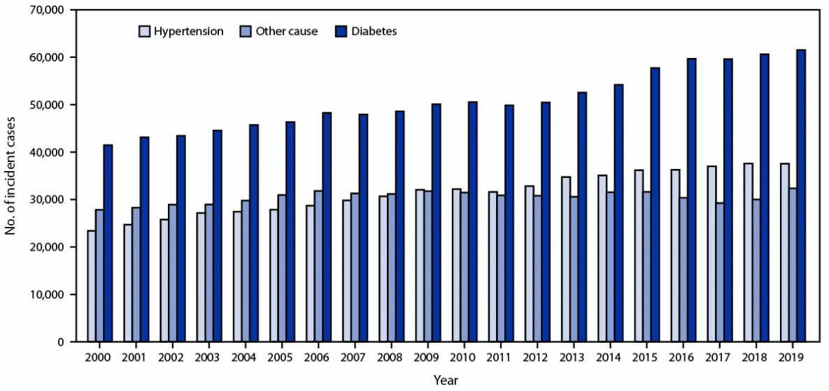 Reported Cases of End-Stage Kidney Disease — United States, 2000–2019 This figure is a histogram showing the number of reported incident cases of end-stage kidney disease by primary cause in the United States during 2000–2019.