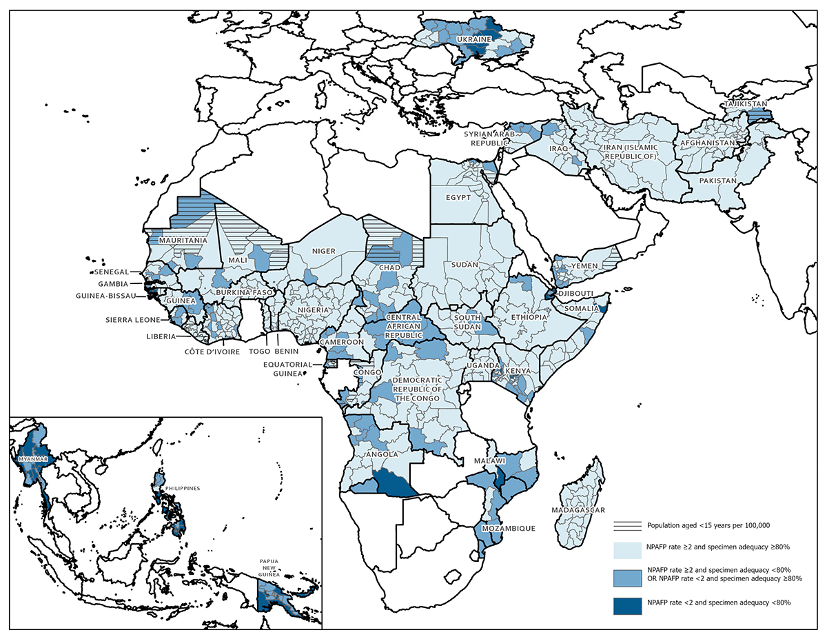 Surveillance to Track Progress Toward Polio Eradication — Worldwide, 2020–2021 Figure is a map showing combined performance indicators for the quality of acute flaccid paralysis surveillance in subnational areas of 43 priority countries of World Health Organization designated African, Eastern Mediterranean, Southeast Asian, and Western Pacific regions during 2021.