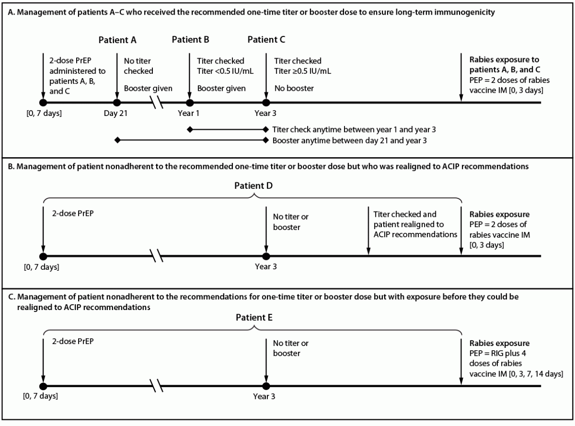 Use of a Modified Preexposure Prophylaxis Vaccination Schedule to Prevent Human Rabies: Recommendations of the Advisory Committee on Immunization Practices — United States, 2022 The figure is a chart showing the management of long-term immunogenicity for five hypothetical patients who received the Advisory Committee on Immunization Practices recommended 2-dose rabies preexposure prophylaxis schedule and have sustained risk for recognized exposures (risk category 3) in the United States, based on updated recommendations by the Advisory Committee on Immunization Practices in 2022.