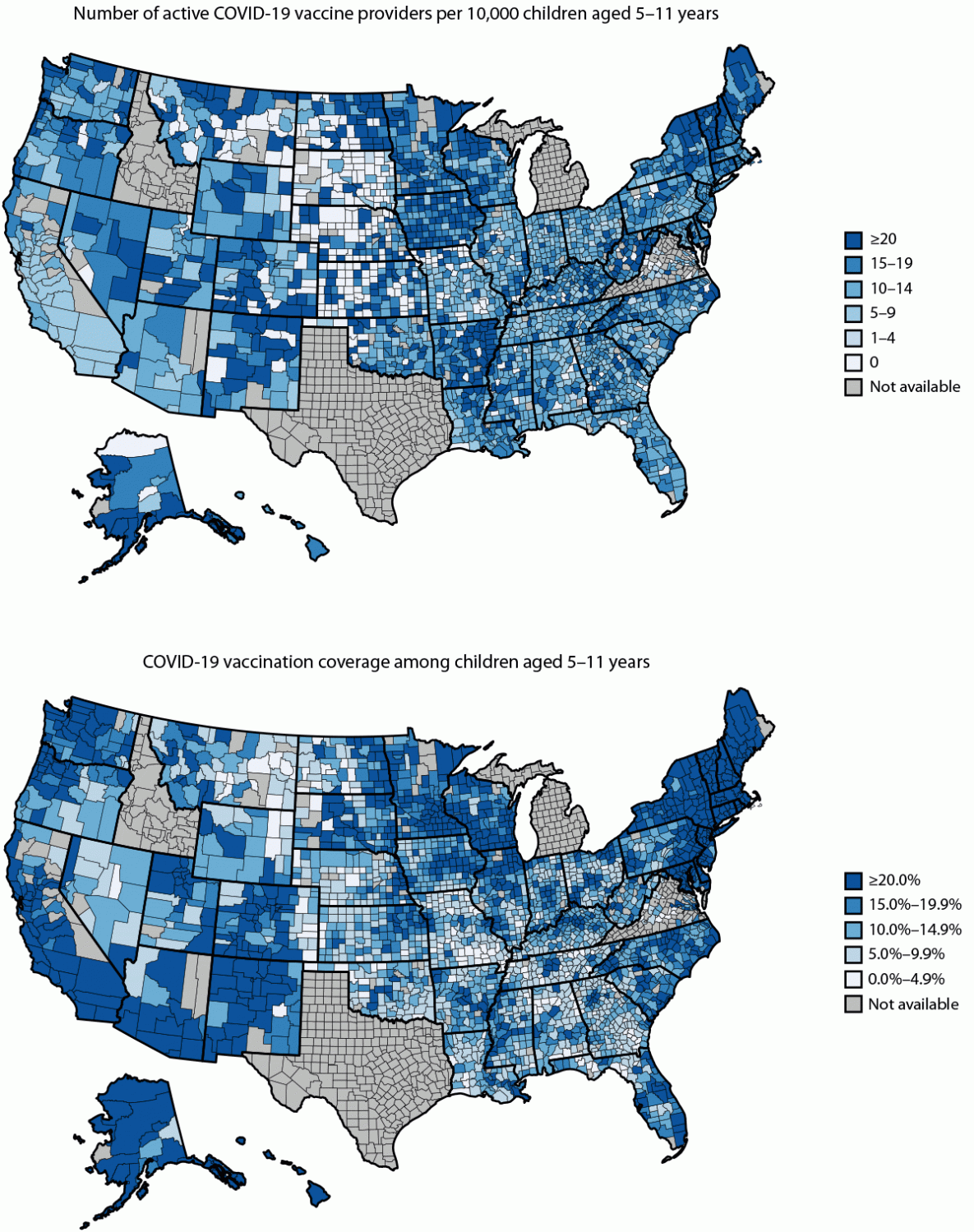 COVID-19 Vaccine Provider Availability and Vaccination Coverage Among Children Aged 5–11 Years — United States, November 1, 2021–April 25, 2022 The figure comprises two U.S. maps indicating the number of active COVID-19 vaccine providers per 10,000 children aged 5–11 years and COVID-19 vaccination coverage among children aged 5–11 years at the county level during November 1,2021–April 25, 2022.