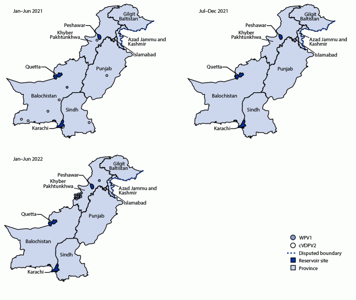 Progress Toward Poliomyelitis Eradication — Pakistan, January 2021–July 2022 The figure is a map of Pakistan showing locations of cases of wild poliovirus type 1 and circulating vaccine-derived poliovirus type 2 during January 2021–June 2022.