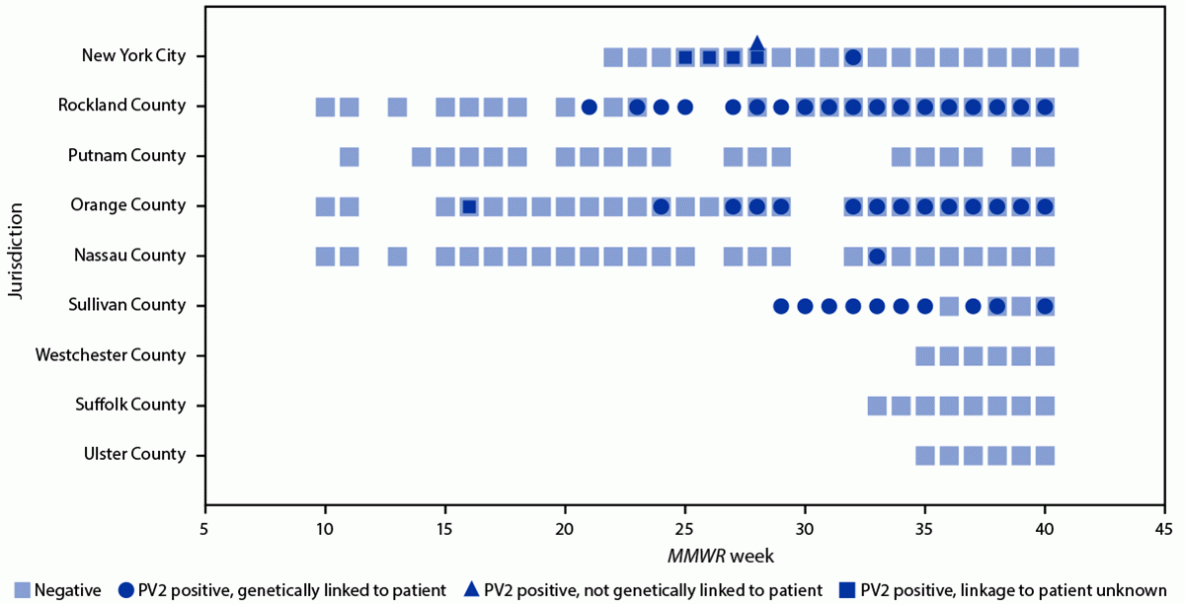 Wastewater Testing and Detection of Poliovirus Type 2 Genetically Linked to Virus Isolated from a Paralytic Polio Case — New York, March 9–October 11, 2022 This figure consists of a series of boxes and circles illustrating wastewater polio test results by jurisdiction in 13 counties in New York and New York City during March 9–October 11, 2022.