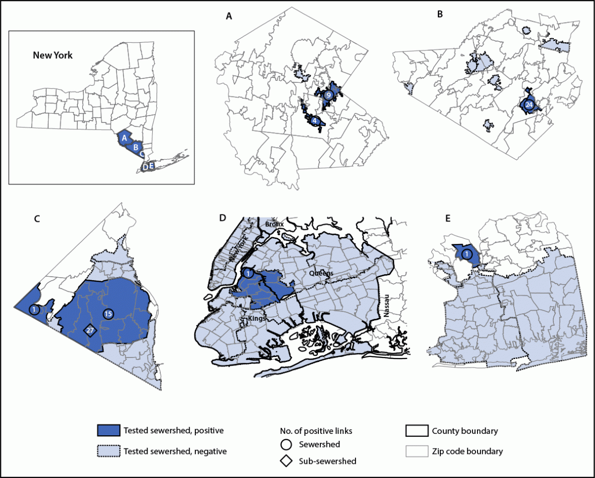 Wastewater Testing and Detection of Poliovirus Type 2 Genetically Linked to Virus Isolated from a Paralytic Polio Case — New York, March 9–October 11, 2022 This figure consists of a series of six maps illustrating sewersheds in Sullivan (A), Orange (B), Rockland (C), Kings and Queens (D), and Nassau (E) counties in New York where detections of poliovirus type 2 genetically linked to virus isolated from a paralytic polio patient occurred during March 9–October 11, 2022.