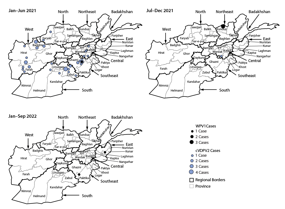 Progress Toward Poliomyelitis Eradication ― Afghanistan, January 2021–September 2022 This figure comprises two maps that show cases of polio caused by wild poliovirus type 1 and circulating vaccine-derived poliovirus type 2, by province and period, in Afghanistan, during January 2021–September 2022.