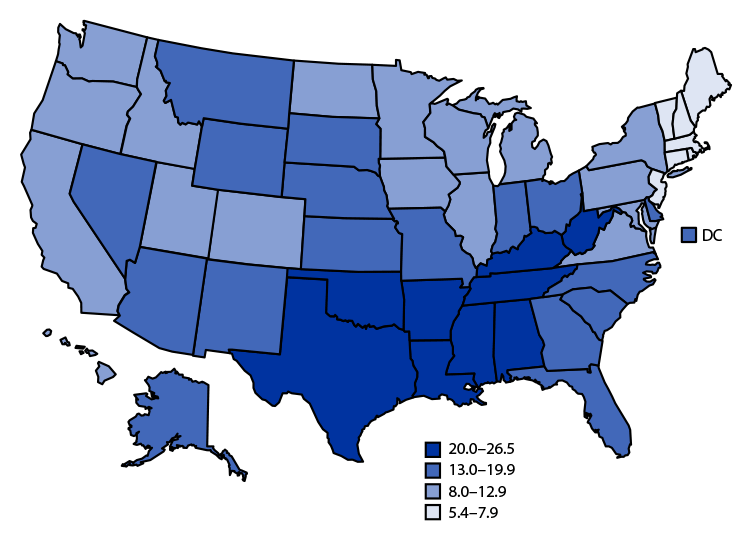 QuickStats: Birth Rates for Females Aged 15–19 Years, by State — National Vital Statistics System, United States, 2021 Figure is a U.S. map indicating the 2021 birth rates for females aged 15–19 years, by state, based on National Vital Statistics System data.