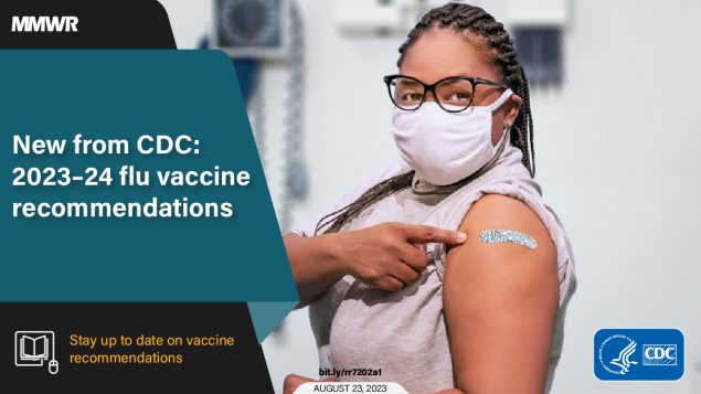 Prevention and Control of Seasonal Influenza with Vaccines: Recommendations of the Advisory Committee on Immunization Practices — United States, 2023–24 Influenza Season The figure is a photo of a person with their sleeve up and a bandage on their arm with text about flu vaccine recommendations.