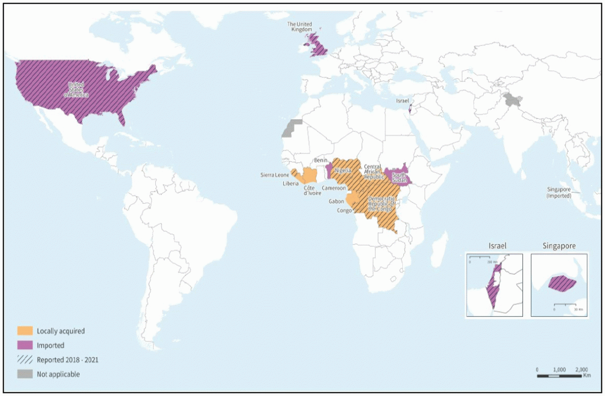 Epidemiology of Human Mpox — Worldwide, 2018–2021 This figure is showing a map of reported confirmed human mpox cases worldwide during 1970–2021.