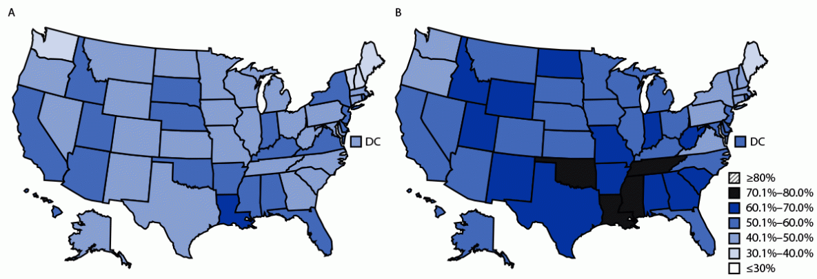 Fruit, Vegetable, and Sugar-Sweetened Beverage Intake Among Young Children, by State — United States, 2021 Figure shows the number of children aged 1-5 years who a) ate vegetables less than once a day during the preceding week, and b) drank at least one sugar-sweetened beverage in the preceding week, by state, according to the National Survey of Children's Health during 2021.