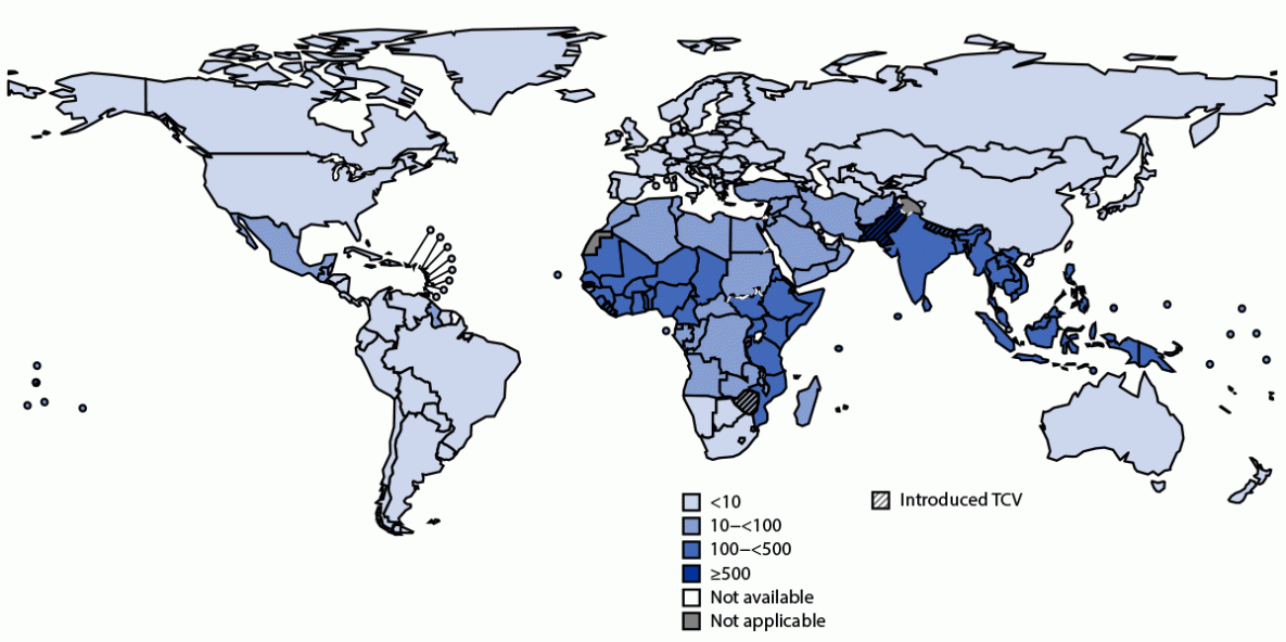 Typhoid Fever Surveillance, Incidence Estimates, and Progress Toward Typhoid Conjugate Vaccine Introduction — Worldwide, 2018–2022 The figure is a map showing the estimated national typhoid fever incidence and typhoid conjugate vaccine introduction status of countries worldwide in 2019 and 2022.