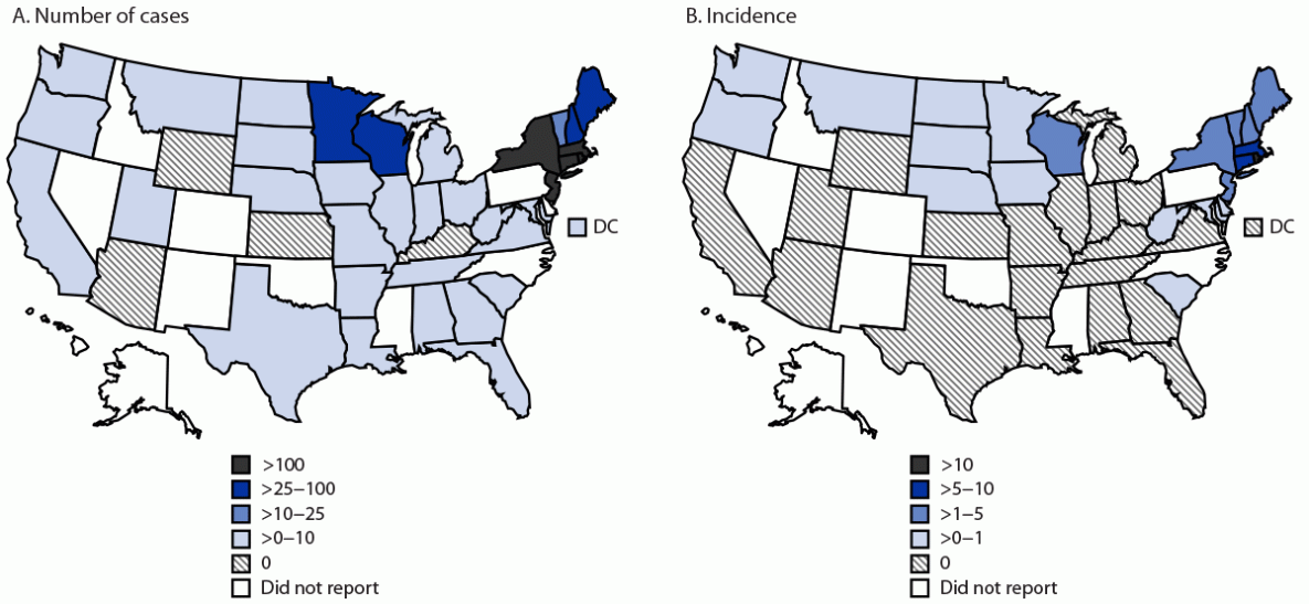 Trends in Reported Babesiosis Cases — United States, 2011–2019 The figure comprises two U.S. maps showing the average number of reported babesiosis cases (A) and average babesiosis incidence (B), by state during 2011–2019.