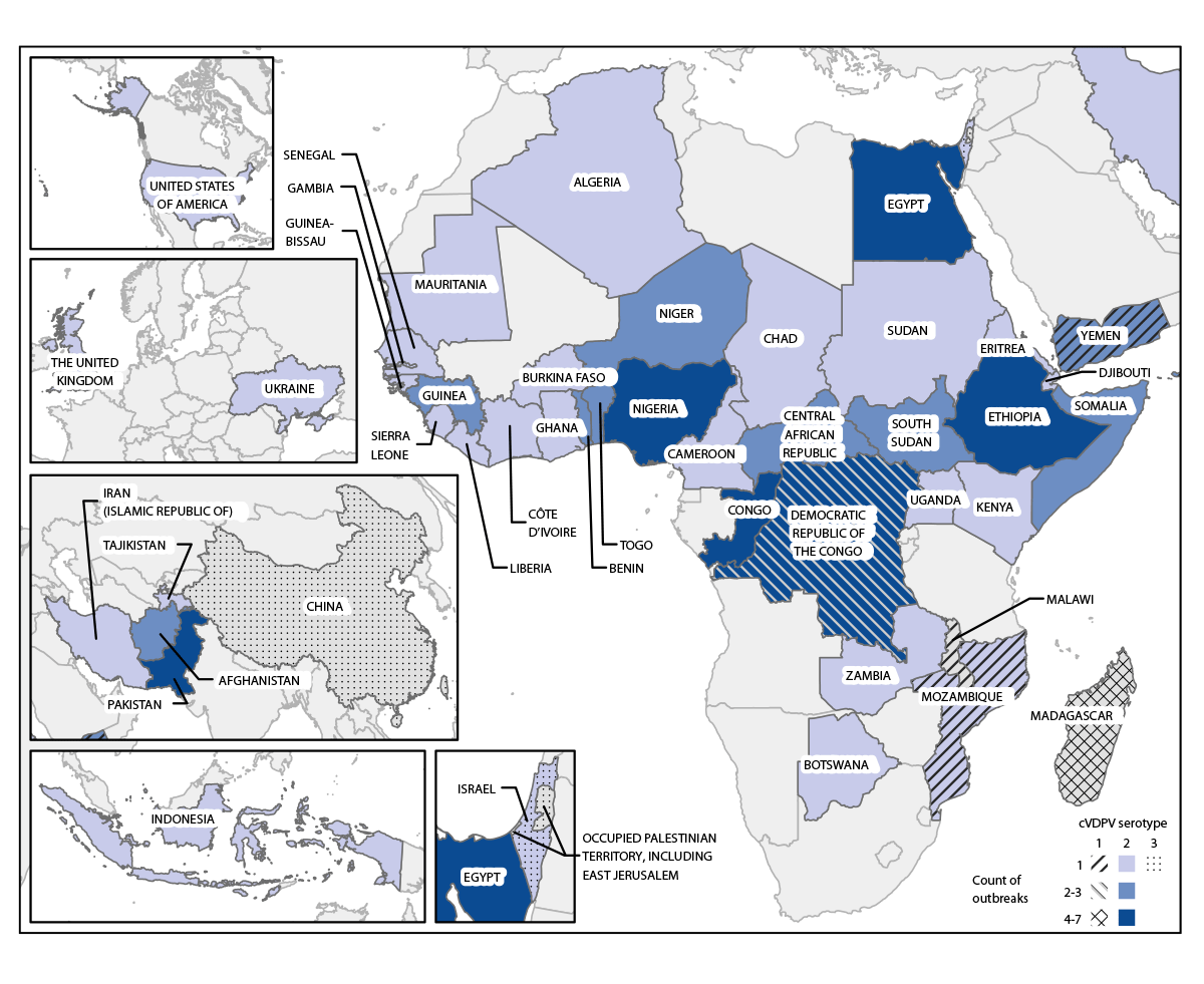 Update on Vaccine-Derived Poliovirus Outbreaks — Worldwide, January 2021–December 2022 The figure is photo of a healthcare provider administering an oral poliovirus vaccine to a child.