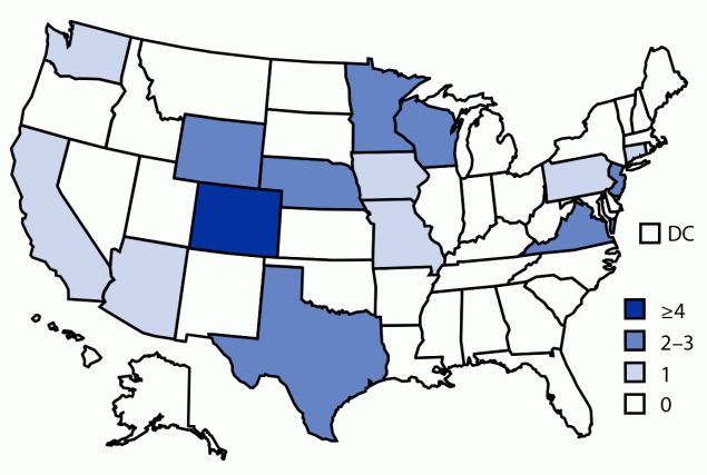 Multistate Outbreak of Salmonella Thompson Infections Linked to Seafood Exposure — United States, 2021 The figure is a map of the United States showing number of persons infected with the outbreak strain of Salmonella Thompson, by state of residence and number of cases per state (N = 115) during May–October, 2021.