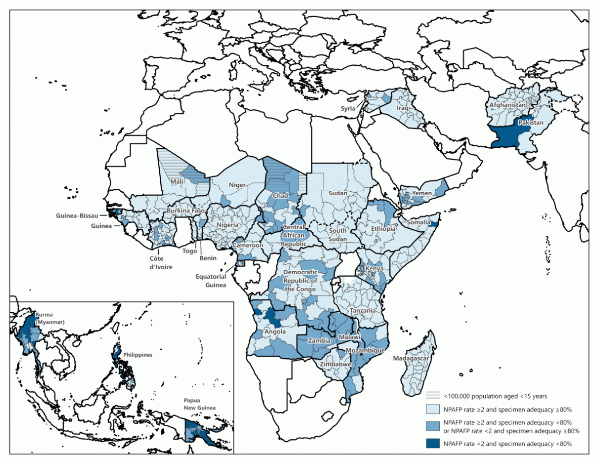 Surveillance to Track Progress Toward Polio Eradication — Worldwide, 2021–2022 The figure is a map showing combined performance indicators for the quality of acute flaccid paralysis surveillance in subnational areas of 34 priority countries in the World Health Organization African, Eastern Mediterranean, South-East Asia, and Western Pacific regions during 2022.