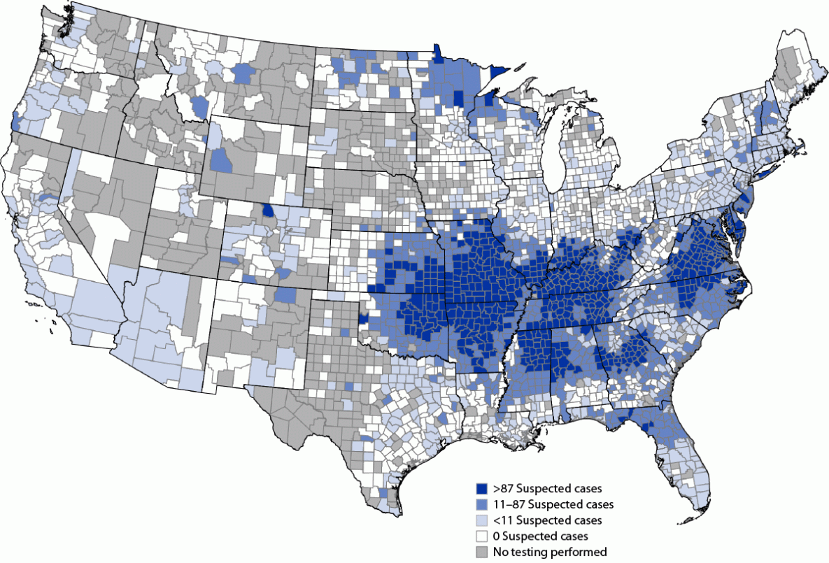 Geographic Distribution of Suspected Alpha-gal Syndrome Cases — United States, January 2017–December 2022 The figure is a map illustrating the geographic distribution of suspected alpha-gal syndrome cases per 1 million population per year in the United States during 2017–2022.