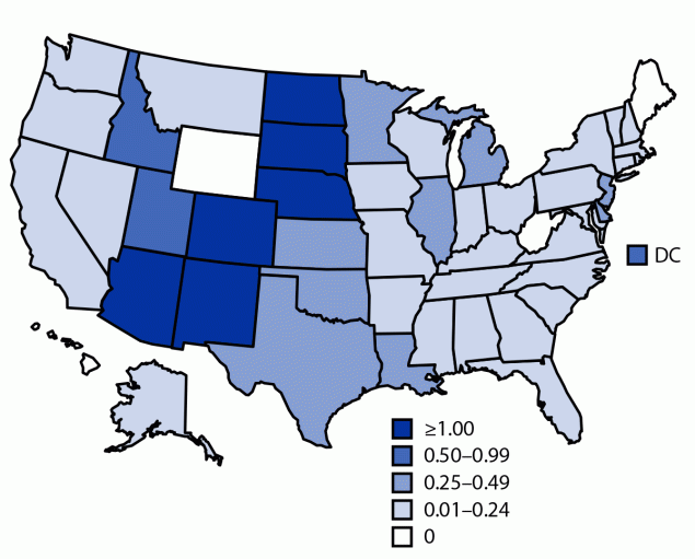 West Nile Virus and Other Nationally Notifiable Arboviral Diseases — United States, 2021 The figure is a map indicating the incidence of reported cases of West Nile virus neuroinvasive disease in the United States during 2021.