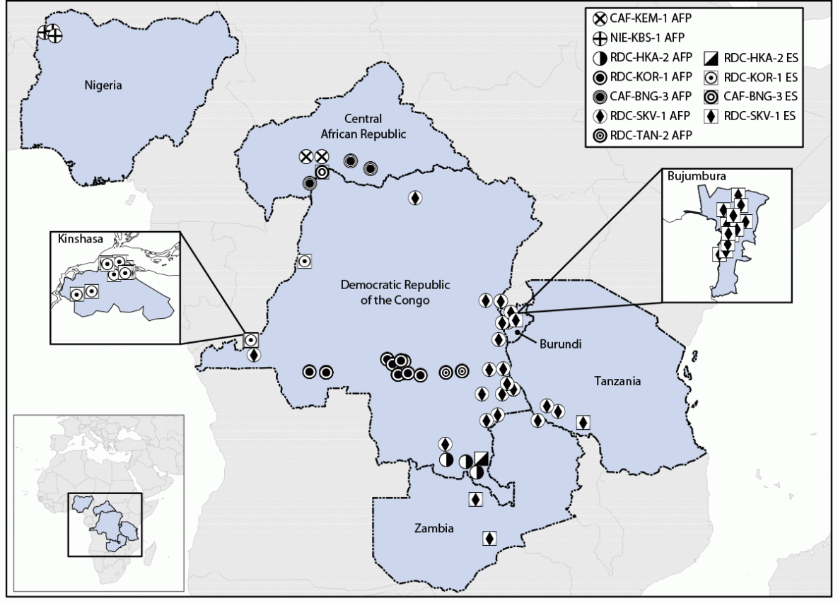 Notes from the Field: Circulating Vaccine-Derived Poliovirus Type 2 Emergences Linked to Novel Oral Poliovirus Vaccine Type 2 Use — Six African Countries, 2021–2023 The figure is a map of six African countries indicating detections of circulating vaccine-derived poliovirus type 2 linked to novel oral poliovirus type 2 vaccine use, by emergence group during 2021–2023.