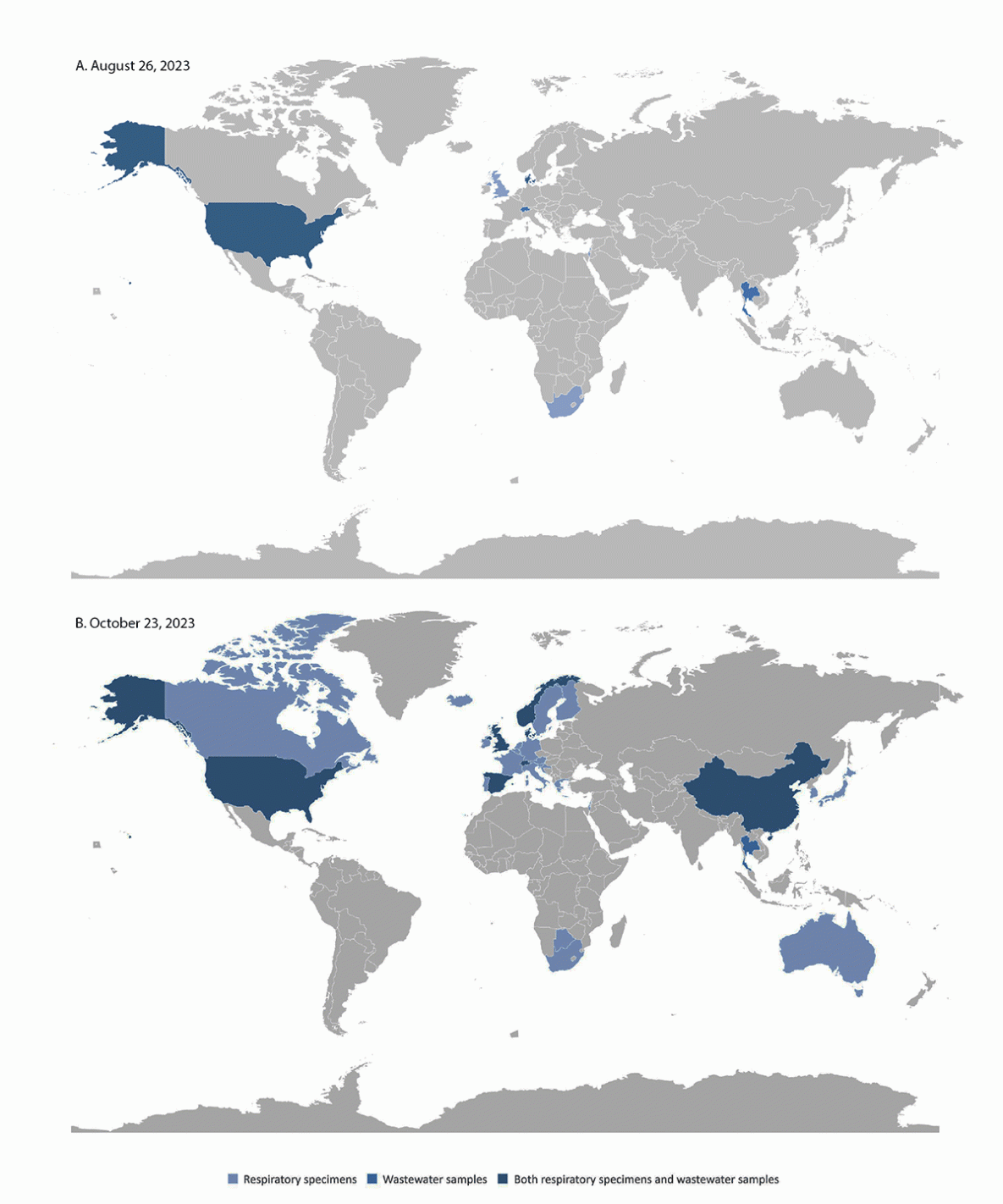 Early Detection and Surveillance of the SARS-CoV-2 Variant BA.2.86 — Worldwide, July–October 2023 The figure is a map illustrating the geographic spread of SARS-CoV-2 BA.2.86 variant detection in respiratory and wastewater samples, by country, during August 26 and October 5, 2023.