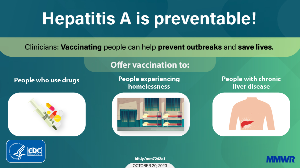 The figure shows three images side by side with text that says, “Hepatitis A is preventable! Clinicians: Vaccinating people can help prevent outbreaks and save lives. Offer vaccination to people who use drugs, people experiencing homelessness, and people with chronic liver disease.”