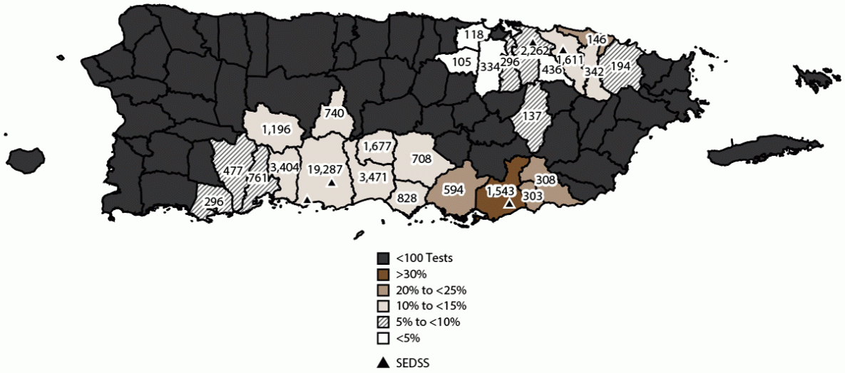 Sentinel Enhanced Dengue Surveillance System — Puerto Rico, 2012–2022 The figure is a map of Puerto Rico that illustrates the number and proportion of acute febrile illness cases with participants testing positive for any arbovirus during 2012–2022, by municipality. The data are from the Sentinel Enhanced Dengue Surveillance System.