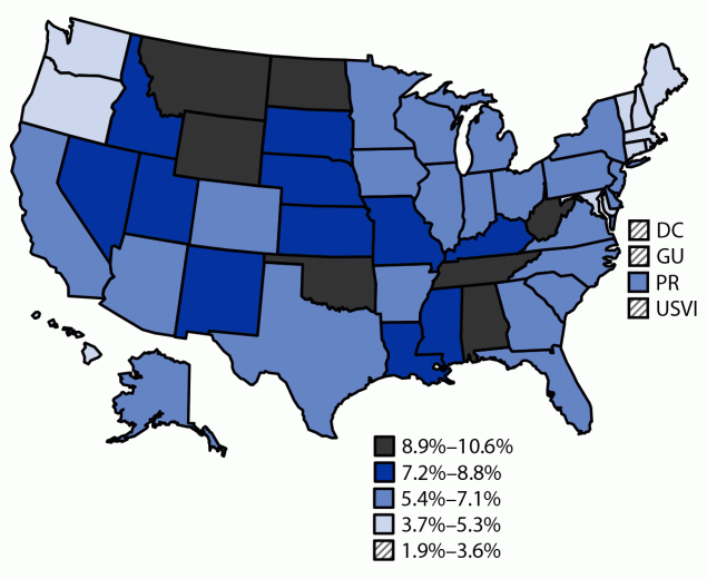 The figure is a map illustrating the prevalence of reported experience of Long COVID during 2022 among adults aged &ge;18 years in the 50 U.S. states, the District of Columbia, Guam, Puerto Rico, and the U.S. Virgin Islands, based on data from the Behavioral Risk Factor Surveillance System.