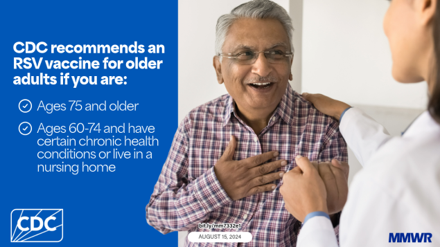 Use of Respiratory Syncytial Virus Vaccines for Adults Aged ≥60 Years: Updated Recommendations of the Advisory Committee on Immunization Practices — United States, 2024 This image shows a man smiling and talking to a health care provider.
