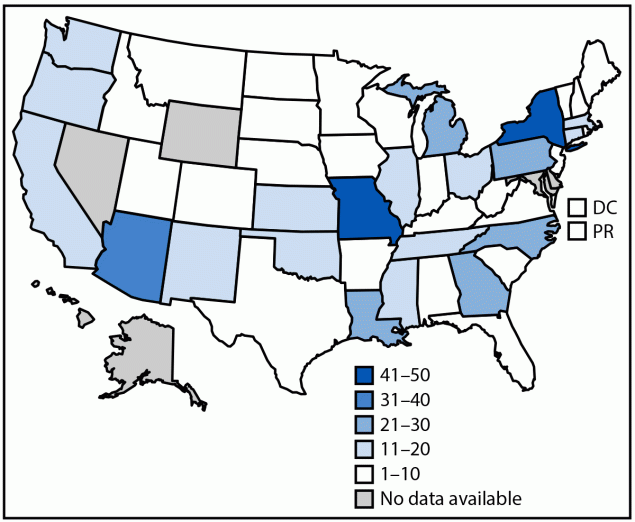 Investigation of Lead and Chromium Exposure After Consumption of Contaminated Cinnamon-Containing Applesauce — United States, November 2023–April 2024 The figure is a map of the United States illustrating the reported number of cases of lead poisoning associated with consumption of recalled cinnamon-applesauce products packaged in pouches, by jurisdiction during November 2023–April 2024.