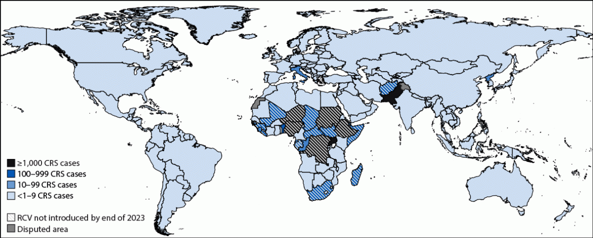 Estimated Current and Future Congenital Rubella Syndrome Incidence with and Without Rubella Vaccine Introduction — 19 Countries, 2019–2055 The figure is a world map depicting the estimated number of congenital rubella syndrome cases in 2019 and introduction of rubella-containing vaccine, by country in 2023.
