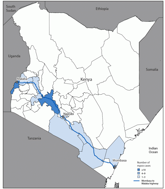 Clade Ib Mpox Outbreak — Kenya, July 2024–February 2025 Map of Kenya showing number of clade Ib mpox cases in Kenya reported by each county. A line drawn from Mombasa to Malaba represents the path of a commercial highway from one side of the country to another, from the Indian Ocean to the Ugandan border. The counties with cases are all concentrated along this Mombasa-Malaba highway.
