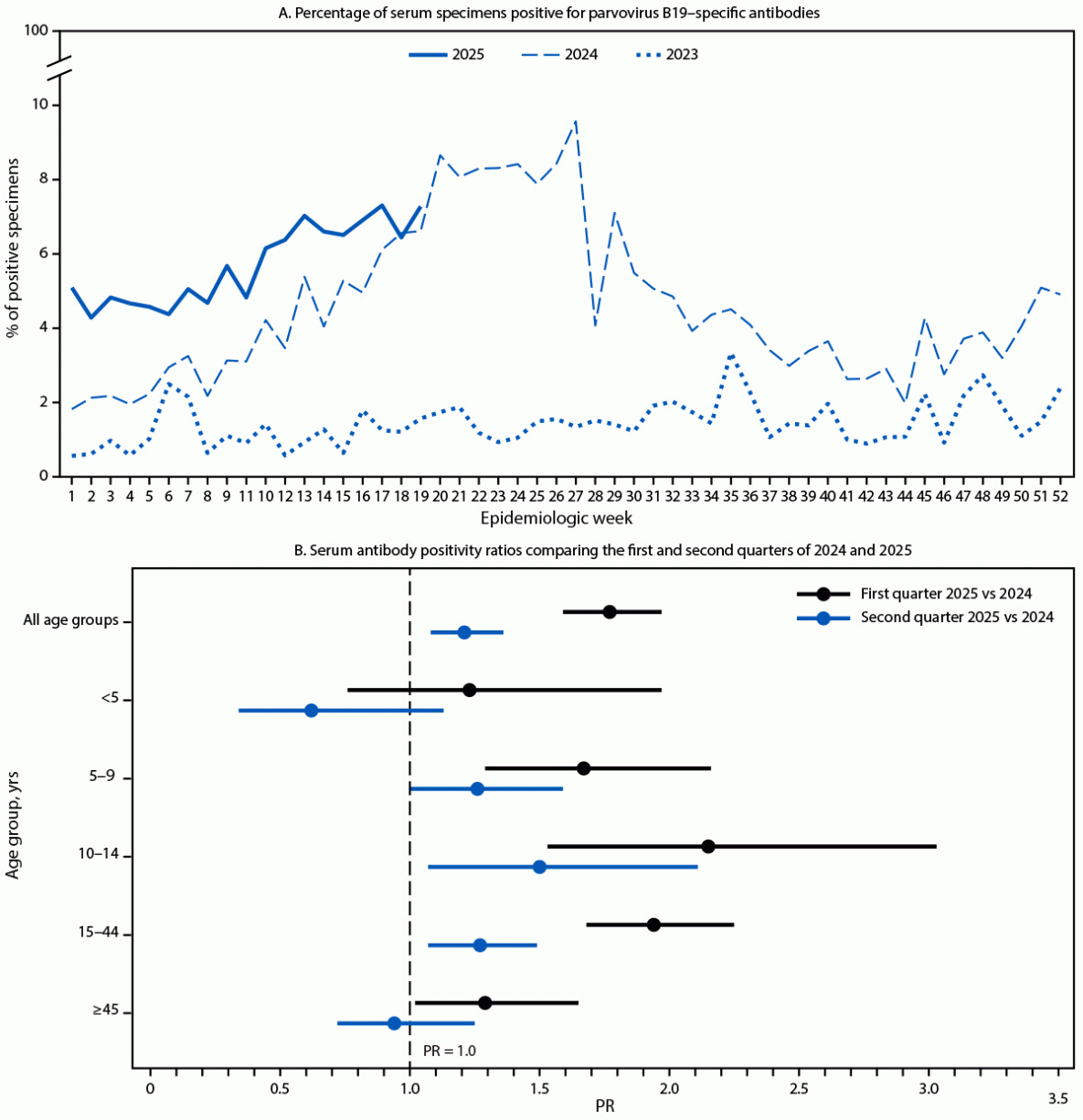 Notes from the Field: Parvovirus B19 Activity — United States, January 2024–May 2025 The figure consists of two panels, the first of which is composed of three line graphs showing the percentage of serum specimens positive for parvovirus B19–specific antibodies, by calendar week, during 2023–2025, and the second of which is composed of serum antibody positivity ratios comparing the first and second quarters of 2024 with the first and second quarters of 2025, according to data from the National Syndromic Surveillance Program reported during 2023–2025.