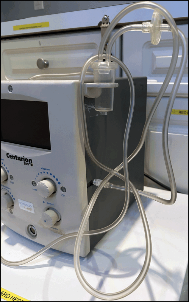 Purpureocillium lilacinum Keratitis Outbreak Associated with an Ophthalmology Clinic — New York City, 2024 The figure is a photograph of an Epikeratome machine and single-use tubing from the ophthalmology clinic in New York City in December 2024