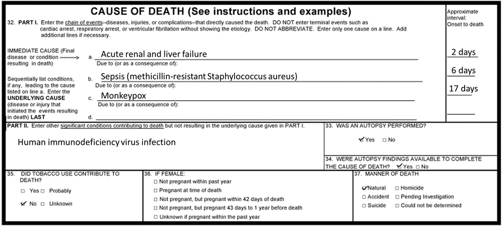 An example of how to write a death certificate related to monkeypox