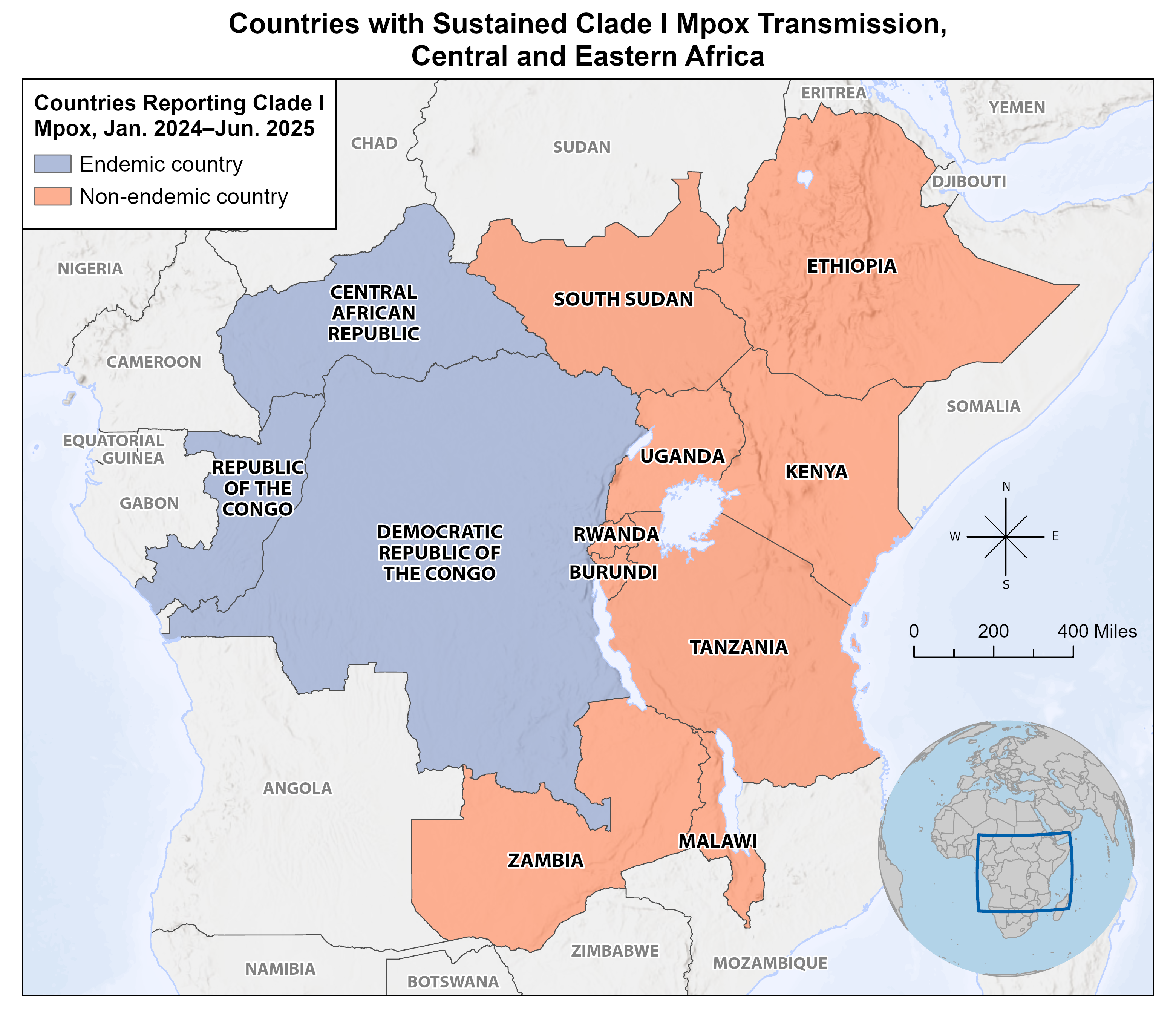 several countries in central and eastern Africa have sustained, local transmission of clade I mpox