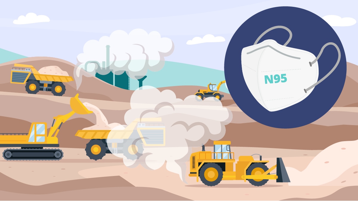 illustration of construction site stirring dirt and dust with a pop out circle highlighting a N95