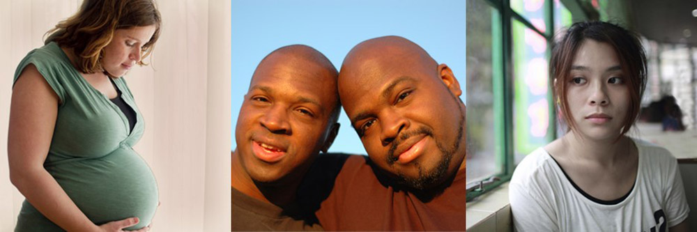 intro03 Three photos are people combined into one image. First on the left is a pregnant white female. Next in the middle are two black males. Last on the right is an Asian female.