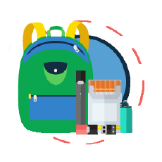 intro03 A cartoon icon of a school backpack and a variety of tobacco devices and products (i.e., vape pen, USB vape device)