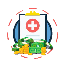 intro05 A cartoon icon of a medical chart and stacks of money around the chart.