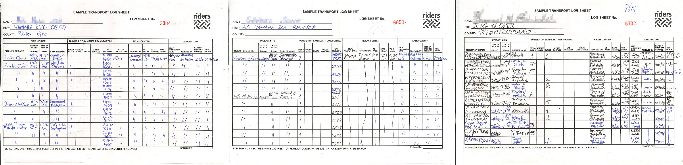 A used Ebola log sheet with several fields filled with information.