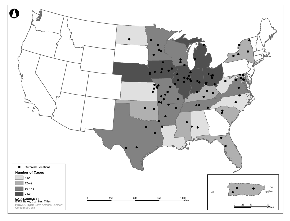 phapproach02 Map of U.S. shows outbreaks in dozens of states distributed across the Midwest and South and even as far northeast as New York