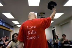 Not-As-I-Pictured-Still-3-lighter.jpg Photo: Love Kills Cancer - Kaplan tips his cap to his students after explaining he had been diagnosed with cancer from Not As I Pictured