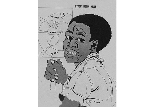 Artwork by Emory Douglas - Illustration, “Hypertension Kills”, showing black man holding poster that says, “I’m hungry, I’m unemployed, I’m black,” from The Black Panther newspaper, July, 1975 - These are some of the social factors that can contribute to hypertension. The prevalence of high blood pressure is more common among blacks compared with whites and Mexican Americans. 