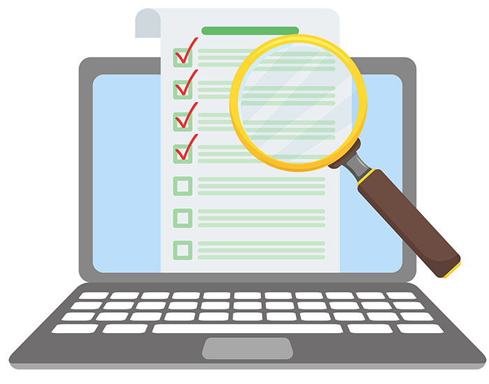 Icon: Laptop with checklist and search glass Icon: Laptop with checklist and search glass