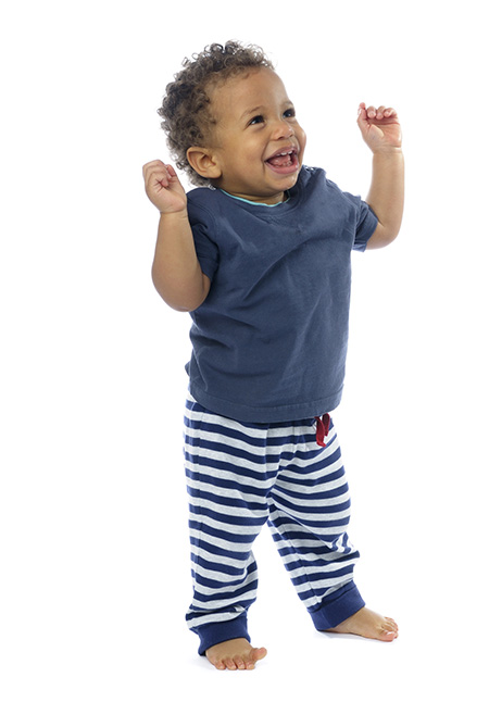 Happy Baby Raising His Arms, Looking Upwards And Smiling