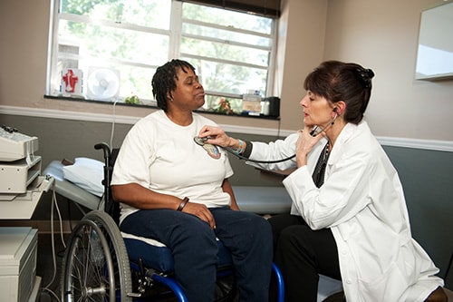 kf-cdc-lakeshore-500px.jpg Female doctor examining a female patient who is in a wheelchair