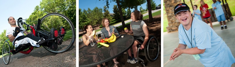 program-activites-collage-800px.jpg Collage: Man on bike, Women talking at outdoor table, and boy pretending to hit a ball