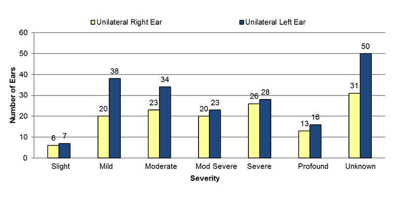 14-09-unilateral-type-unknown Among unilateral type unknown cases, in the right ear, 6 had slight, 20 had mild, 23 had moderate, 20 had moderately severe, 26 had severe, 13 had profound and 31 had an unknown severity of hearing loss. In the left ear, 7 had slight, 38 had mild, 34 had moderate, 23 had moderately severe, 28 had severe, 16 had profound and 50 had an unknown severity of hearing loss.