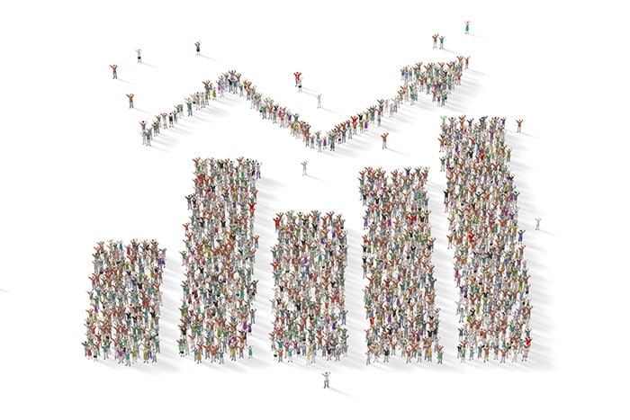 people-in-graph Many people standing together to form a chart shape